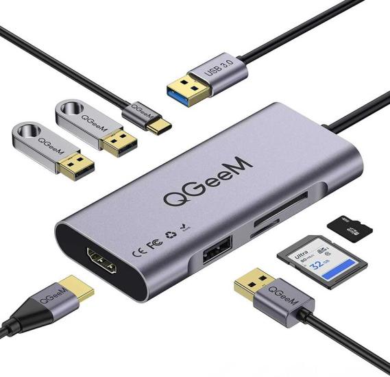 Qgeem QG-UH07-A Type-C Çoğaltıcı ve Dönüştürücü Hub Usb 3.0 HDMI 4K SD Kart 85W 5120Mbps