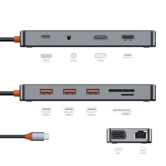 Wiwu CB011 Cyber 11 in 1 Type-C Hub 100W Şarj Destekli Şeffaf Görünümlü SD Kart-RJ45-Hdmi-VGA-Usb Çoğaltıcı