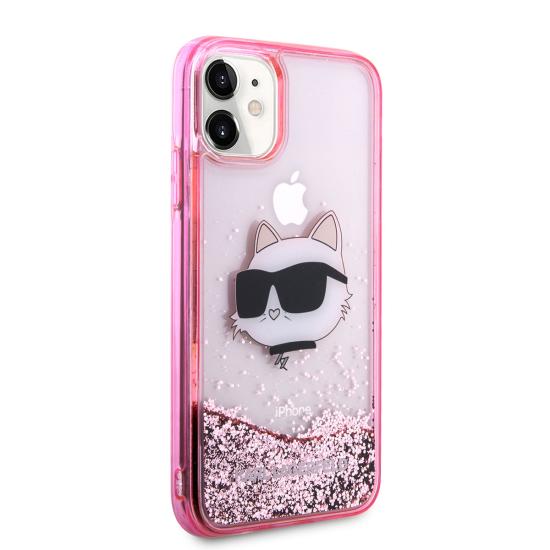 Apple iPhone 11 Kılıf Karl Lagerfeld Sıvılı Simli Choupette Head Dizayn Kapak