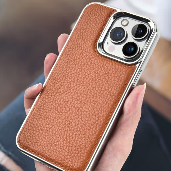 Apple iPhone 13 Kılıf Wiwu Genuine Leather Silver Calfskin Orjinal Deri Kapak