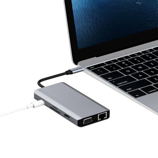 Recci RH09 Type-C to Type-C + SD/TF + USB3.0 + USB2.0 + HDMI + VGA + RJ45 Bağlantılı 9in1 Hub