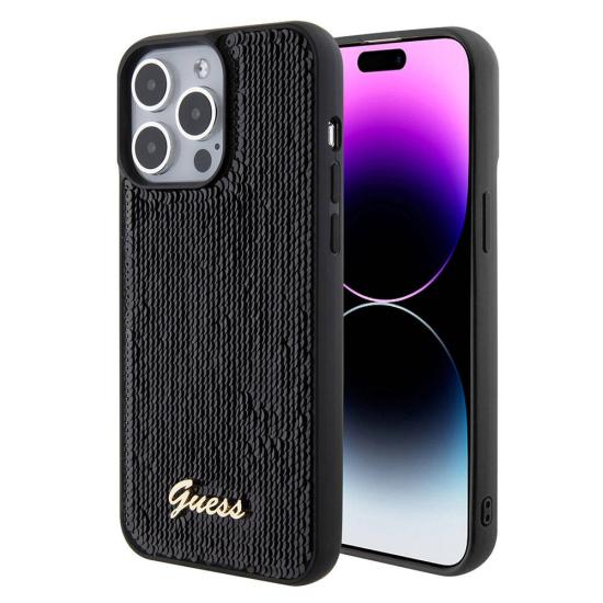 Apple iPhone 15 Pro Max Kılıf Guess Orjinal Lisanslı Pullu Arka Yüzey Metal Yazı Logolu Sequin Script Kapak