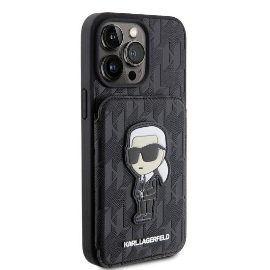 Apple iPhone 15 Pro Max Kılıf Karl Lagerfeld Standlı Kartlıklı Saffiano Monogram İkonik Metal Logo Orjinal Lisanslı Kapak