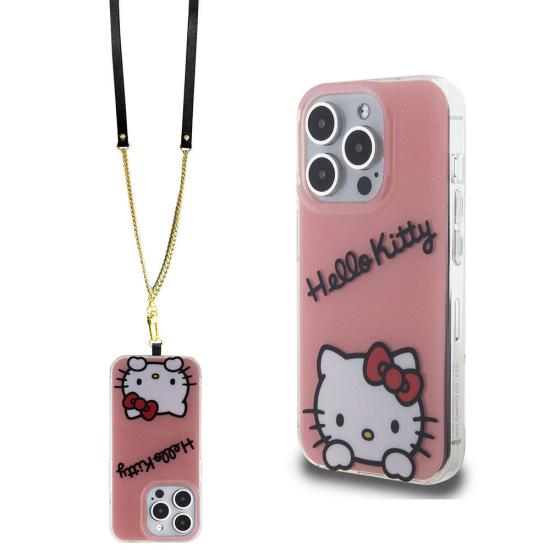 Apple iPhone 15 Pro Kılıf Hello Kitty Orjinal Lisanslı Askılı Yazı ve İkonik Logolu Daydreaming Kapak