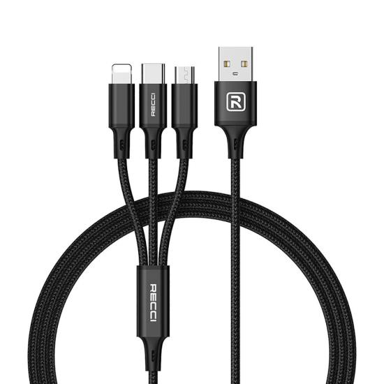 Recci RCS-D120 Fast Wind Serisi 3in1 USB-A to Lightning – Type-C – Micro Şarj ve Data Kablosu 1.2M