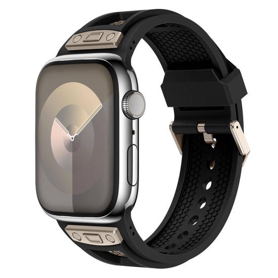 Apple Watch 44mm Zore KRD-117 Hava Alabilen Delikli Metal Süslemeli Desenli Silikon Kordon