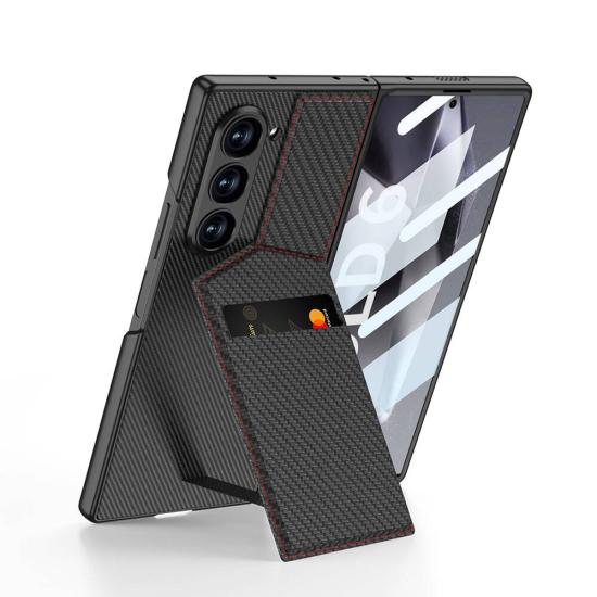 Galaxy Z Fold 6 Kılıf Karbon Fiber Kartlıklı Zore Kıpta Dik Açılan Kartlıklı Kapak