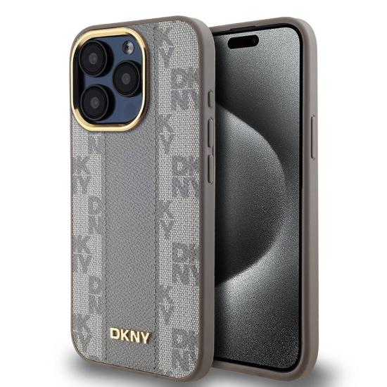 Apple iPhone 15 Pro Kılıf DKNY Orjinal Lisanslı Magsafe Şarj Özellikli 3D Yazılı Checkered Pattern Kapak-Krem