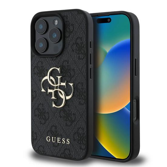 Apple iPhone 16 Pro Kılıf Guess Orjinal Lisanslı PU Deri 4G Desenli Metal Büyük 4G ve Yazı Logolu Kapak