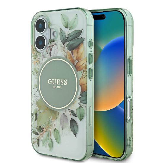 Apple iPhone 16 Kılıf Guess Orjinal Lisanslı Magsafe Şarj Özellikli IML Baskılı Yazı Logolu Flower Tonal Circle Kapak