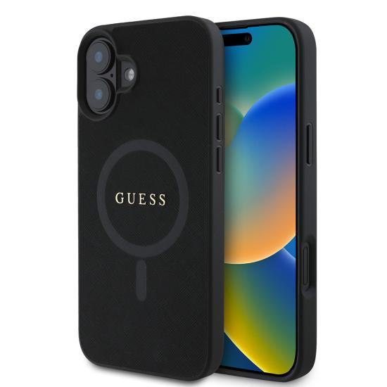 Apple iPhone 16 Kılıf Guess Orjinal Lisanslı Magsafe Şarj Özellikli Yazı Logolu Saffiano Classic Kapak