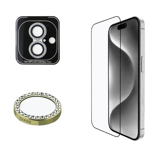 Apple iPhone 16 Plus Guess Orjinal Lisanslı Rhinestone Ekran Koruyucu + Lens Koruyucu 2in1 Aksesuar Seti