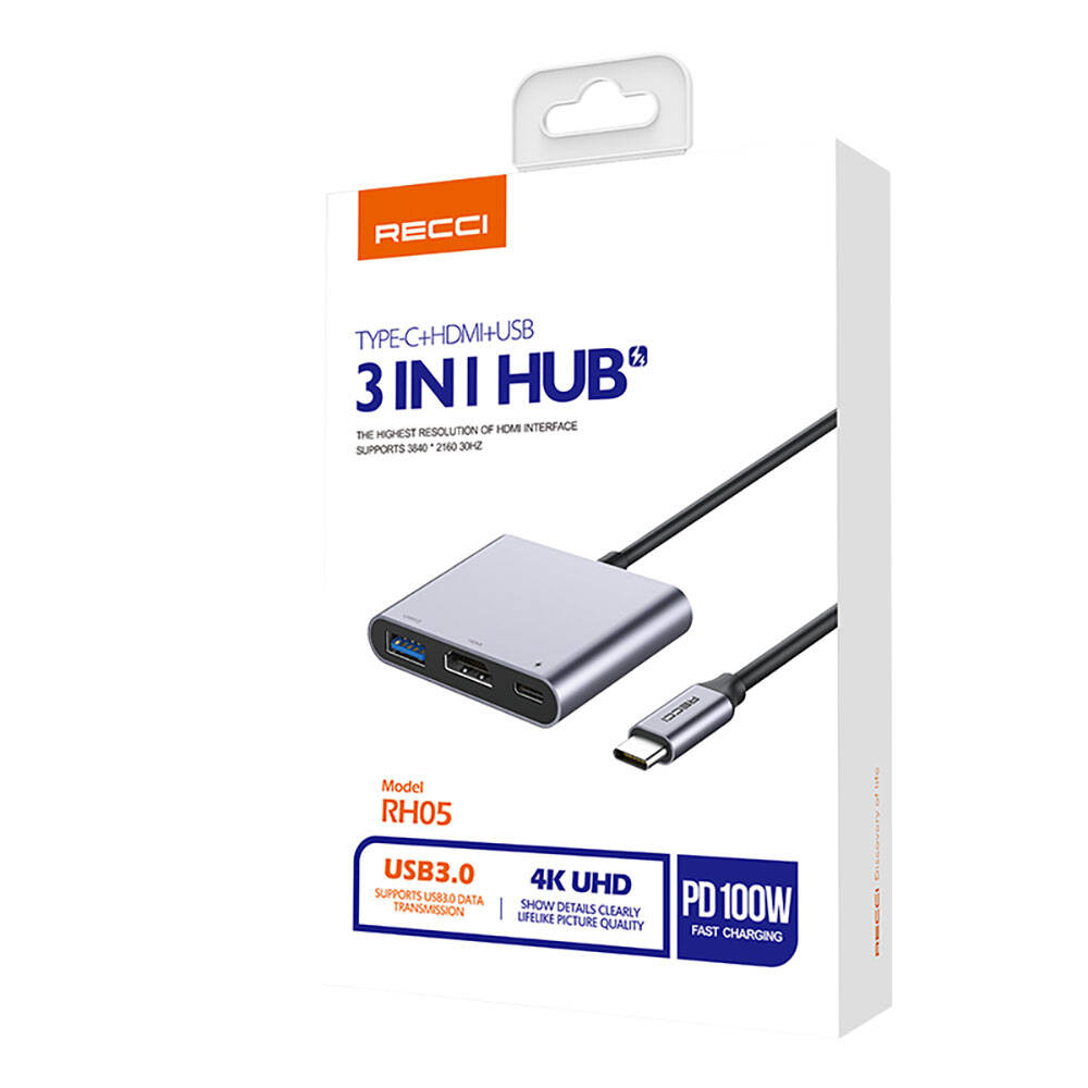 Recci%20RH05%20Type-C%20to%20Type-C%20PD100W%20+%20HDMI%204K@30Hz%20+%20USB3.0%20Bağlantı%20Özellikli%203in1%20Hub