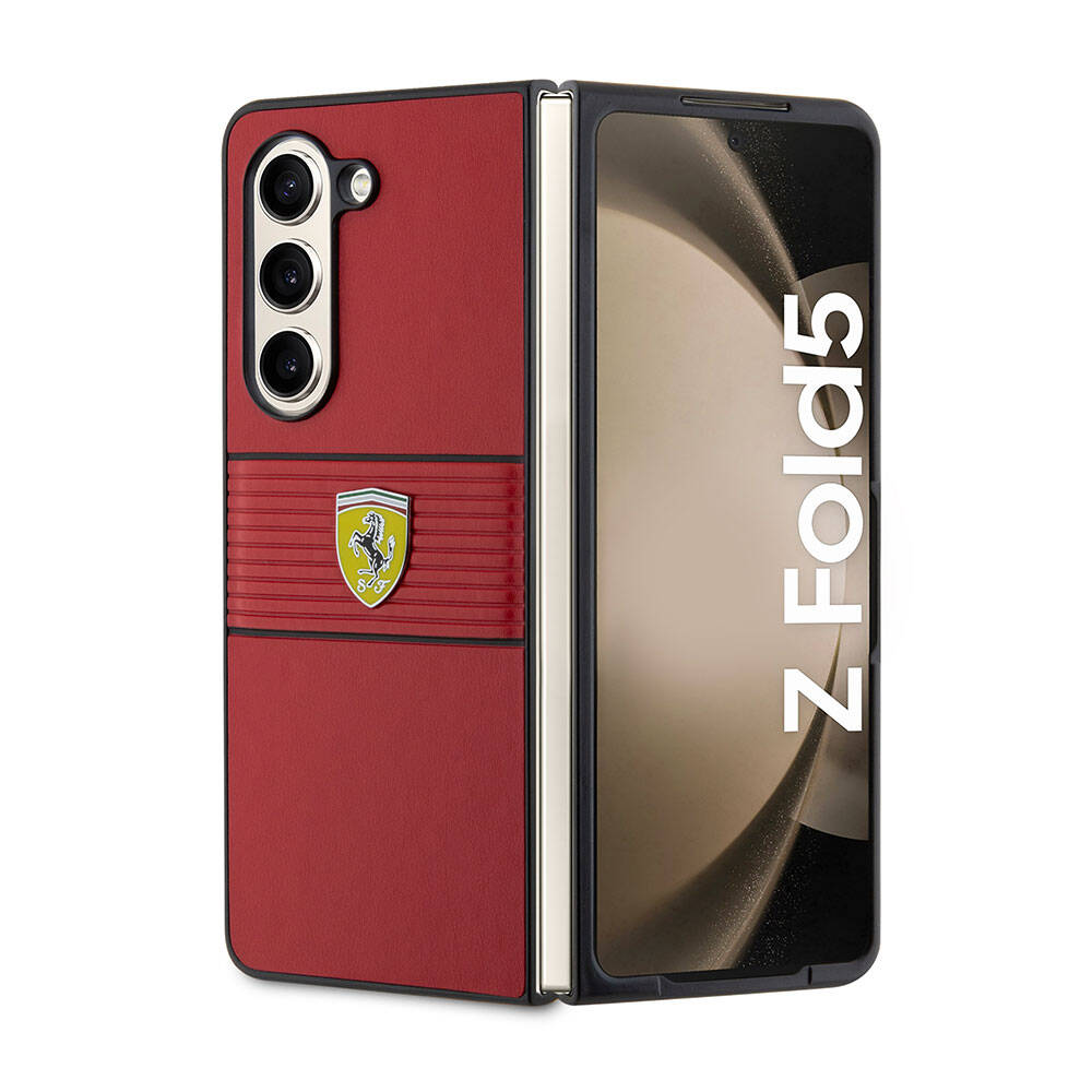 Galaxy%20Z%20Fold%205%20Kılıf%20Ferrari%20Orjinal%20Lisanslı%20PU%20Deri%20Metal%20Logolu%20Multi%20Çizgili%20Kapak-Kırmızı