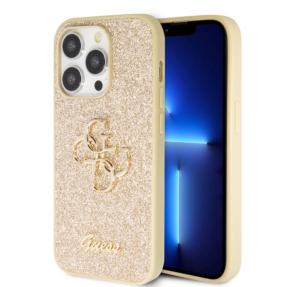 Apple%20iPhone%2014%20Pro%20Max%20Kılıf%20Guess%20Orjinal%20Lisanslı%204G%20Büyük%20Metal%20Logolu%20Glitter%20Kapak-Gold