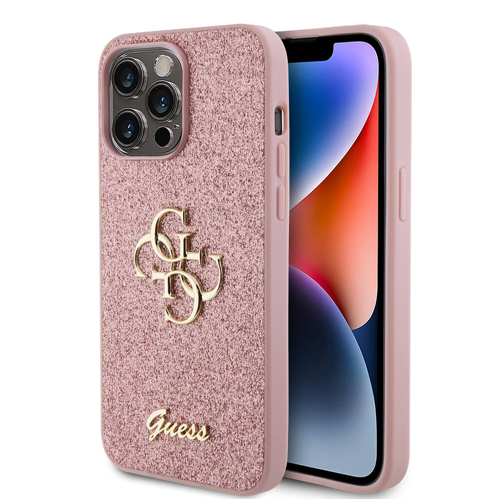 Apple%20iPhone%2014%20Pro%20Max%20Kılıf%20Guess%20Orjinal%20Lisanslı%204G%20Büyük%20Metal%20Logolu%20Glitter%20Kapak-Pembe