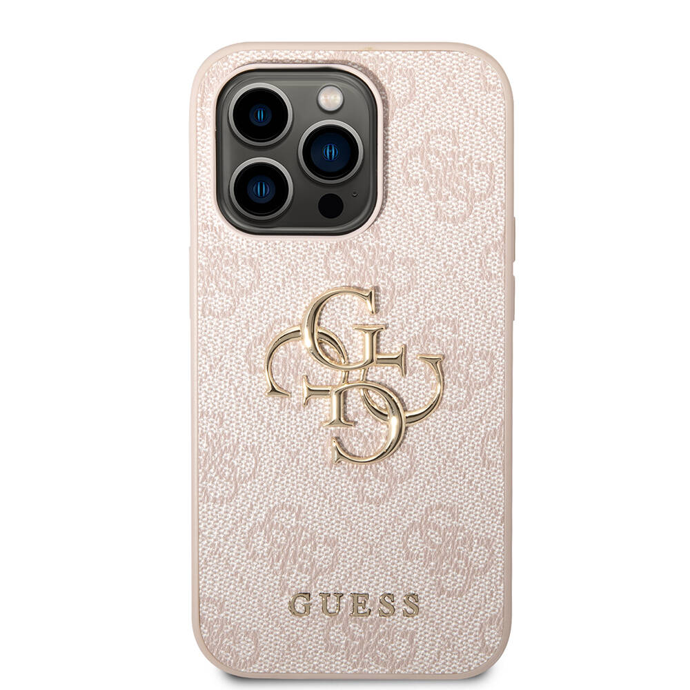 Apple%20iPhone%2014%20Pro%20Kılıf%20Guess%20PU%20Deri%20Büyük%20Metal%20Logo%20Dizaynlı%20Kapak-Pembe