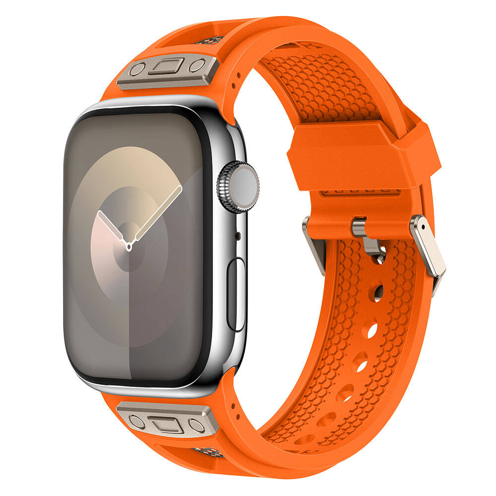 Apple%20Watch%2042mm%20Zore%20KRD-117%20Hava%20Alabilen%20Delikli%20Metal%20Süslemeli%20Desenli%20Silikon%20Kordon-Titanyum-turuncu