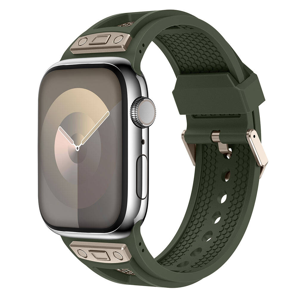 Apple%20Watch%2042mm%20Zore%20KRD-117%20Hava%20Alabilen%20Delikli%20Metal%20Süslemeli%20Desenli%20Silikon%20Kordon-Titanyum-yeşil