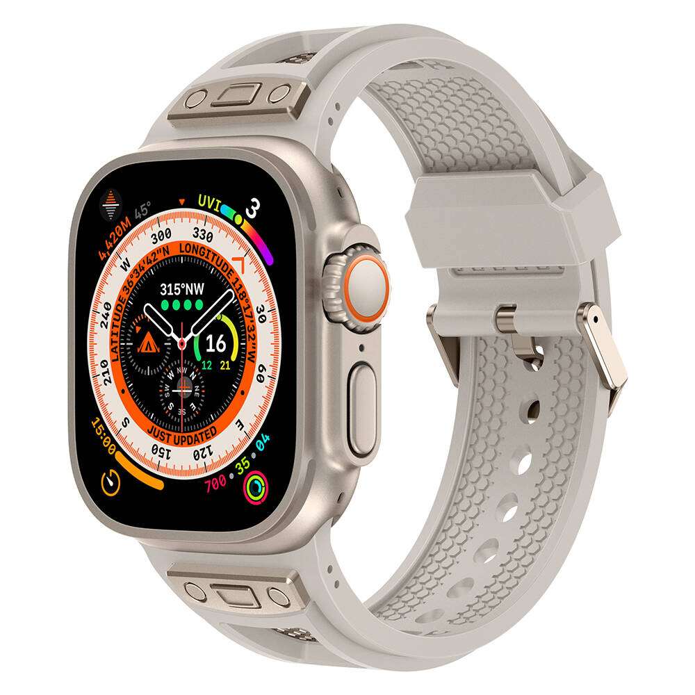 Apple%20Watch%20Ultra%2049mm%20Zore%20KRD-117%20Hava%20Alabilen%20Delikli%20Metal%20Süslemeli%20Desenli%20Silikon%20Kordon-Titanyum-starlight