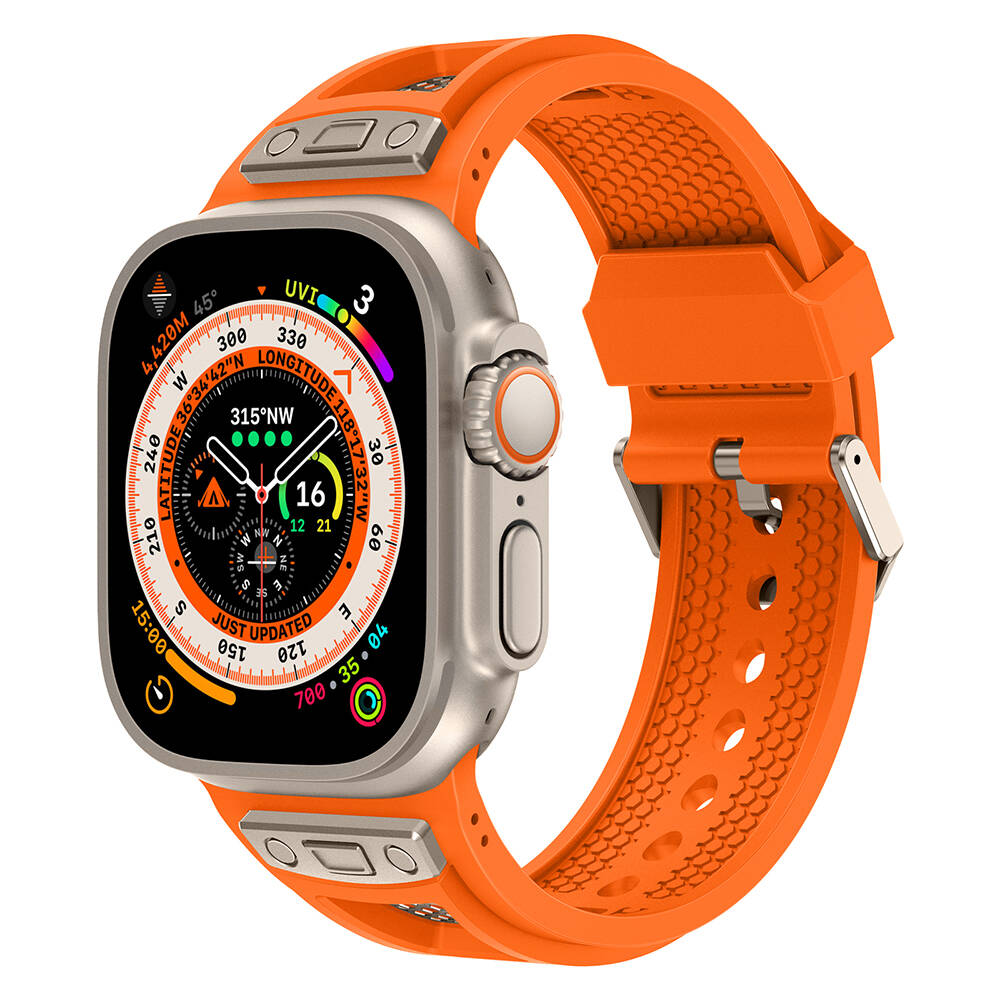 Apple%20Watch%20Ultra%2049mm%20Zore%20KRD-117%20Hava%20Alabilen%20Delikli%20Metal%20Süslemeli%20Desenli%20Silikon%20Kordon-Titanyum-turuncu