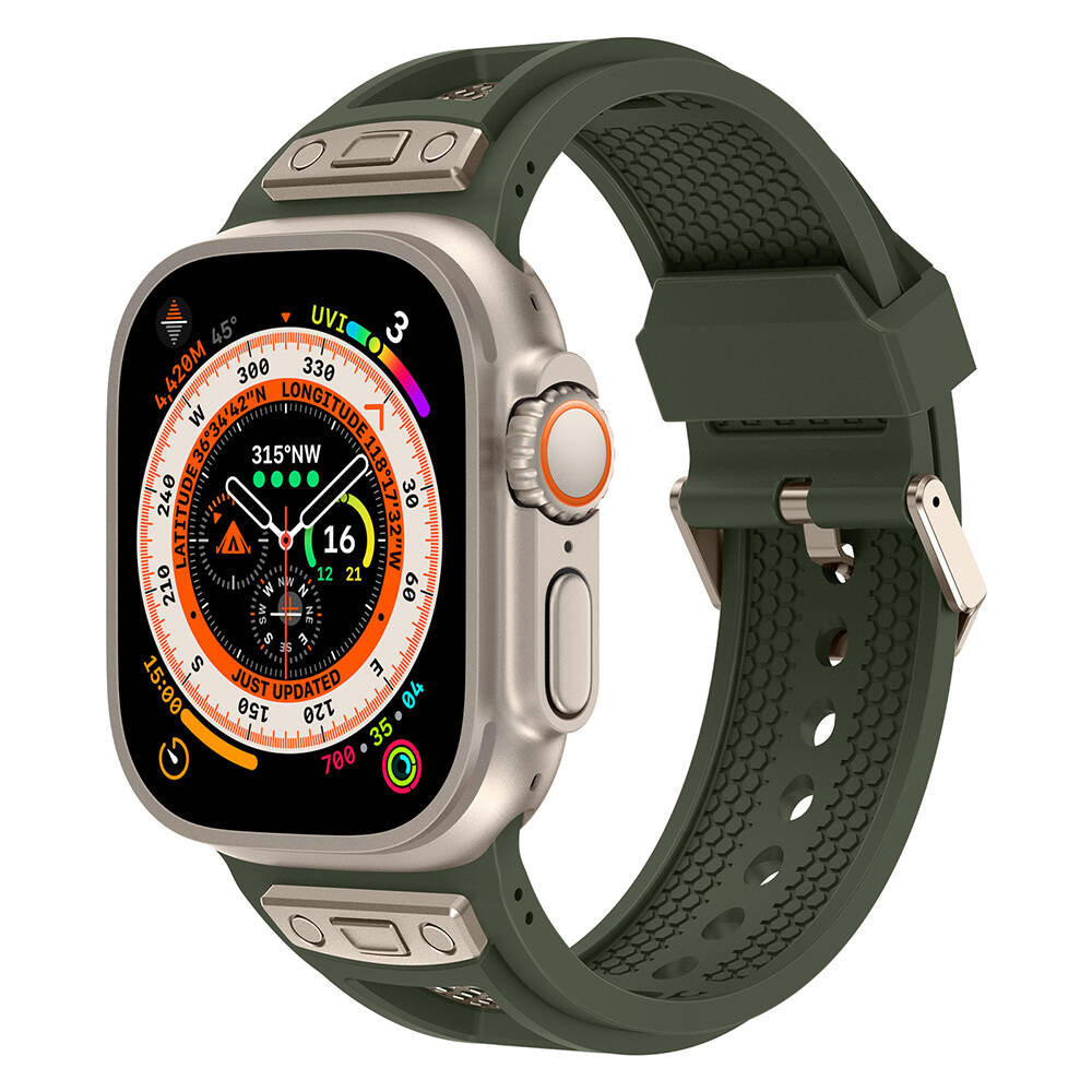 Apple%20Watch%20Ultra%2049mm%20Zore%20KRD-117%20Hava%20Alabilen%20Delikli%20Metal%20Süslemeli%20Desenli%20Silikon%20Kordon-Titanyum-yeşil