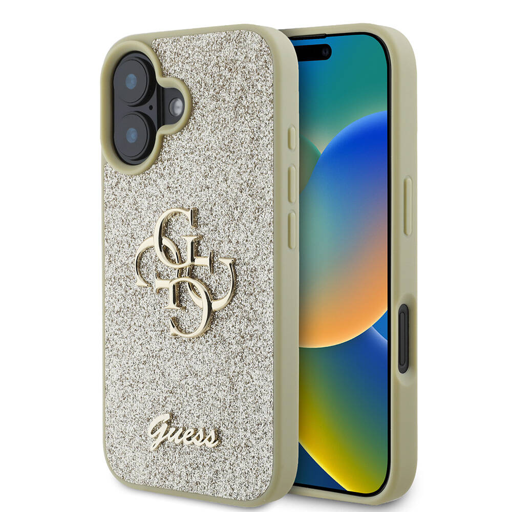 Apple%20iPhone%2016%20Plus%20Kılıf%20Guess%20Orjinal%20Lisanslı%204G%20Büyük%20Metal%20Logolu%20Glitter%20Kapak-Gold