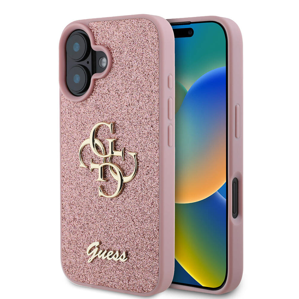 Apple%20iPhone%2016%20Plus%20Kılıf%20Guess%20Orjinal%20Lisanslı%204G%20Büyük%20Metal%20Logolu%20Glitter%20Kapak-Pembe