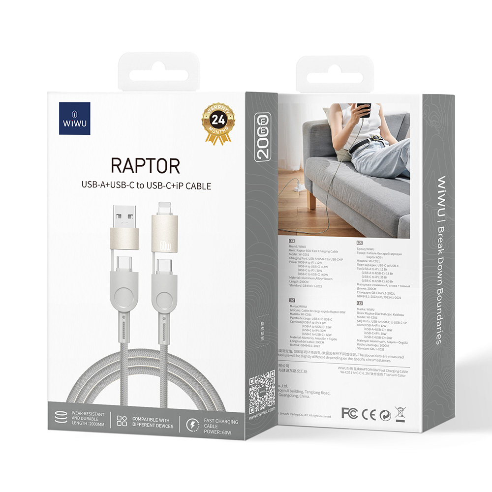 Wiwu%204in1%20Raptor%20Serisi%20Çoklu%20USB-A%20+%20Type-C%20to%20Type-C%20+%20Lightning%20Şarj%20ve%20Data%20Kablosu%2060W%20200cm