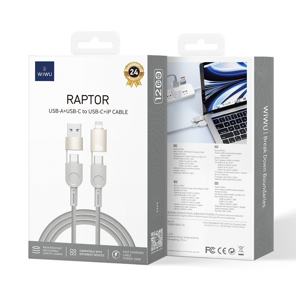 Wiwu%204in1%20Raptor%20Serisi%20Çoklu%20USB-A%20+%20Type-C%20to%20Type-C%20+%20Lightning%20Şarj%20ve%20Data%20Kablosu%20100W%20120cm