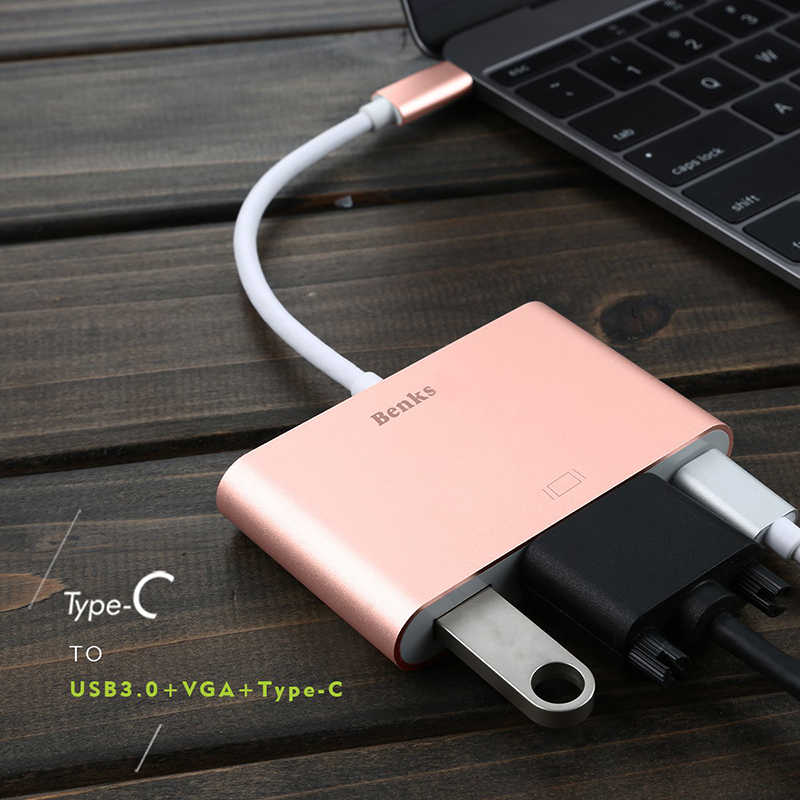 Benks%20U20%20Type-C%20to%203%20in%201%20Adaptör%20(Usb%203.0+VGA+Type-C)