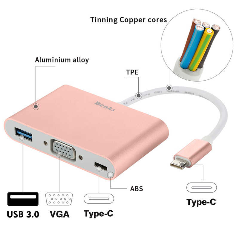 Benks%20U20%20Type-C%20to%203%20in%201%20Adaptör%20(Usb%203.0+VGA+Type-C)