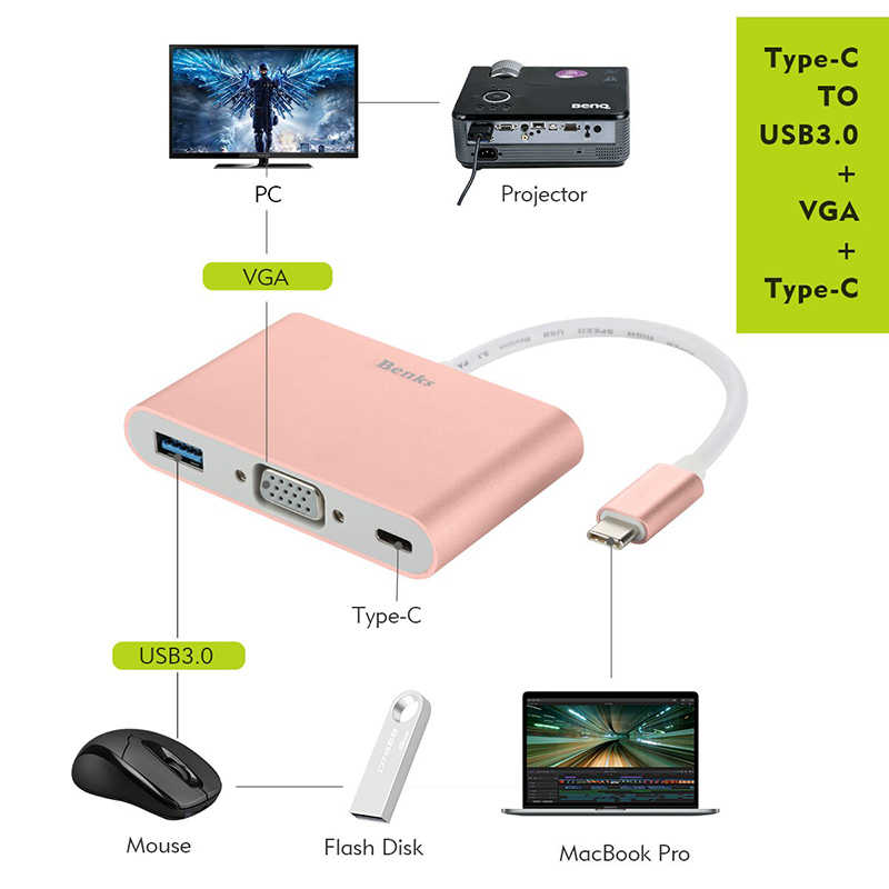 Benks%20U20%20Type-C%20to%203%20in%201%20Adaptör%20(Usb%203.0+VGA+Type-C)