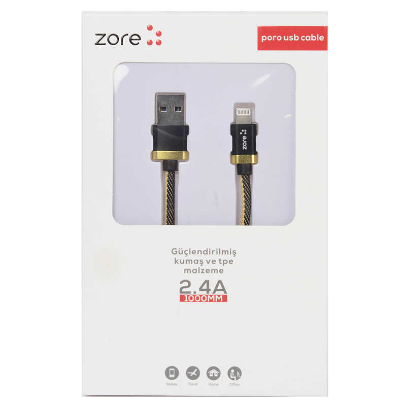 Zore%20Poro%20Lightning%20Usb%20Kablo%201M-Siyah-gold